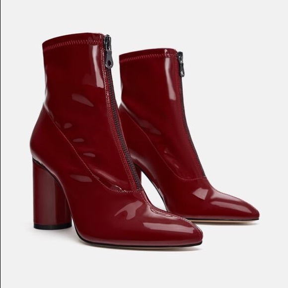 Zara Shoes - ZARA Red Faux Pleather Shiny Ankle Heel Boot 41